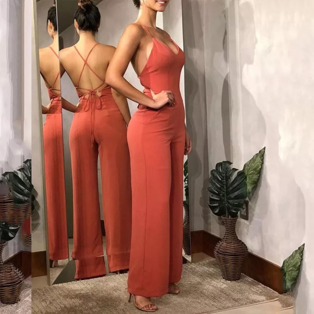 Sleeveless Spaghetti Strap Solid Low Cut Halter Backless Wide Leg Pant Jumpsuit